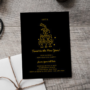 Elegant Black & Gold Champagne New Years Eve Party Holiday Card