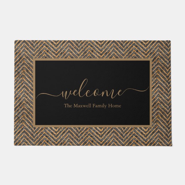 Elegant black gold chevron script name doormat (Front)