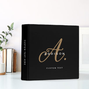 Elegant Black Gold Chic Script Monogram Binder