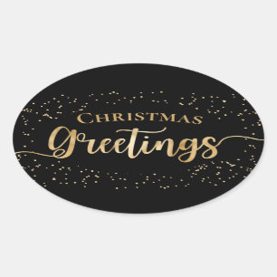 Elegant Black Gold Christmas Greetings Oval Sticker