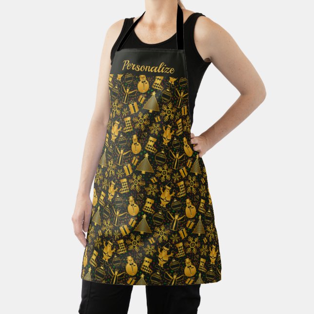 Elegant Black & Gold Christmas Holiday Personalize Apron (Insitu)