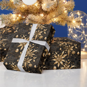 Elegant Black Gold Christmas Ornament Floral  Wrapping Paper