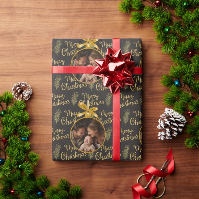 Elegant Black & Gold Christmas Photo Ornament  Wrapping Paper (Holiday Gift)