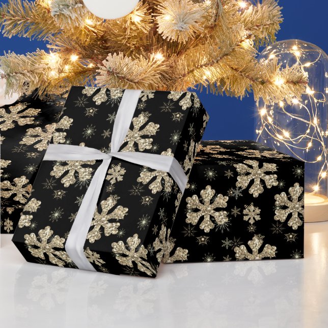 Elegant Black Gold Christmas Snowflake Wrapping Paper (Holidays)
