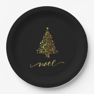 Elegant Black & Gold Christmas Tree Noel Paper Plate