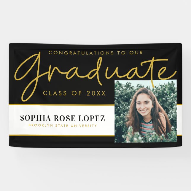Elegant Black Gold Class of 2021 Graduation Photo Banner (Horizontal)