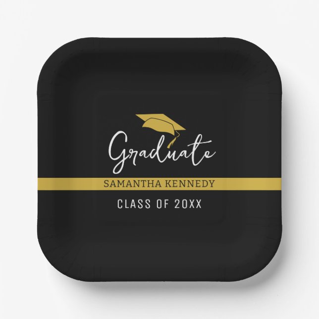 Elegant Black & Gold Class of 2025 Graduation Cap Paper Plate (Front)