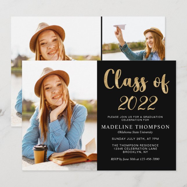 Elegant Black Gold Class of Photo Graduation Invitation (Front/Back)