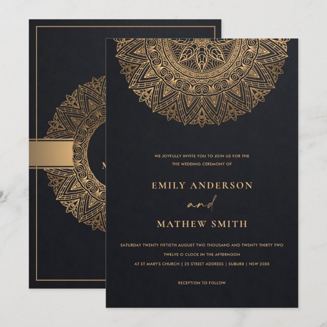 ELEGANT BLACK GOLD CLASSIC ORNATE MANDALA WEDDING INVITATION (Front/Back)