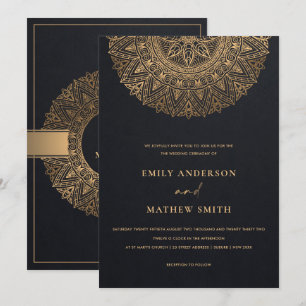 ELEGANT BLACK GOLD CLASSIC ORNATE MANDALA WEDDING INVITATION