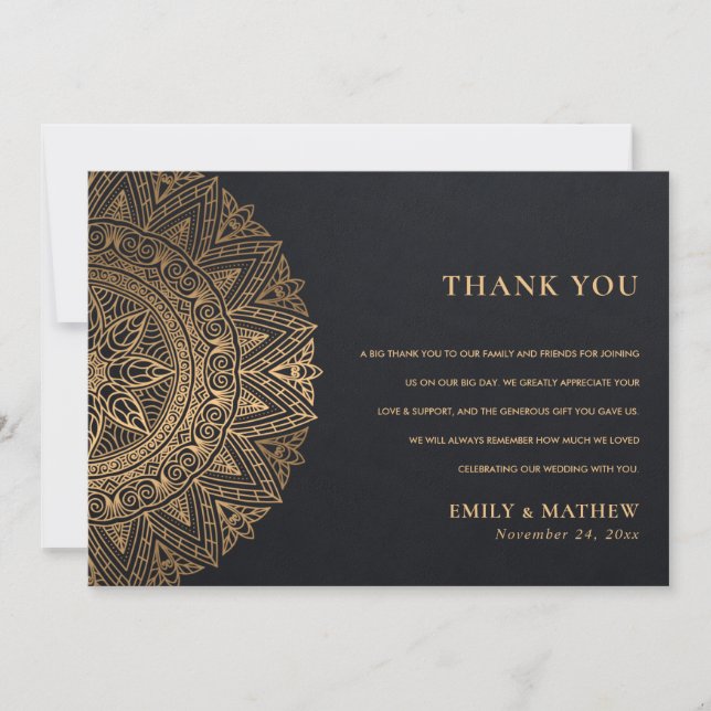 ELEGANT BLACK GOLD CLASSIC ORNATE MANDALA WEDDING THANK YOU CARD (Front)