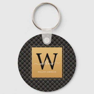 Elegant Black Gold Classy Monogram Initial Script Keychain