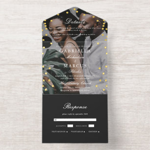 Elegant Black Gold Confetti Dots Photo Wedding All In One Invitation
