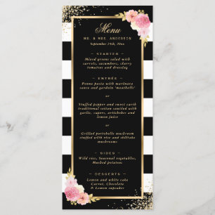 Elegant Black Gold Confetti Pink Floral Wedding Menu
