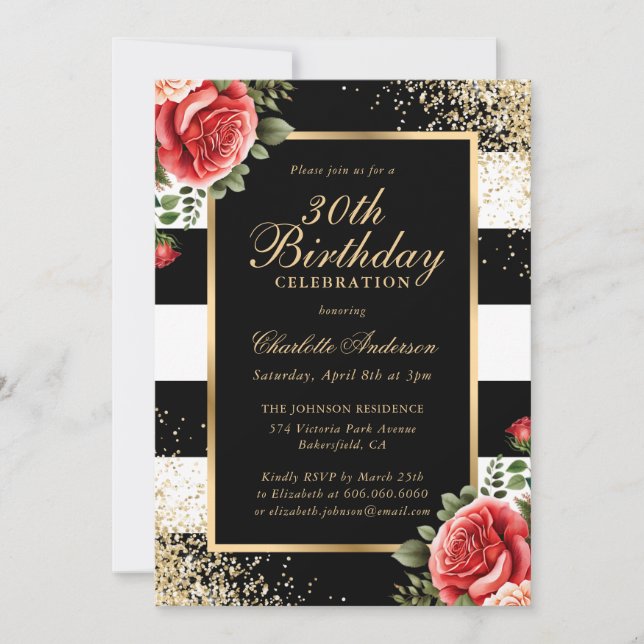 Elegant Black Gold Confetti Red Rose 30th Birthday Invitation (Front)