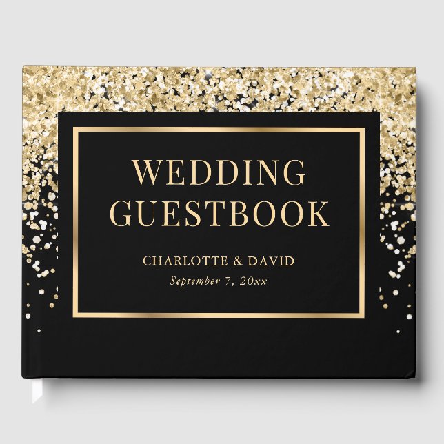 Elegant Black Gold Confetti Wedding Guest Book (Front)