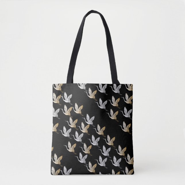 Elegant Black Gold Crane Modern Japanese  Tote Bag (Front)