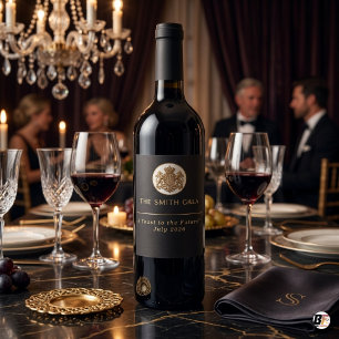 Elegant Black & Gold Crest Custom Event Wine Label