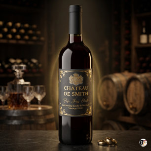 Elegant Black & Gold Crest Personalized Wedding Wine Label