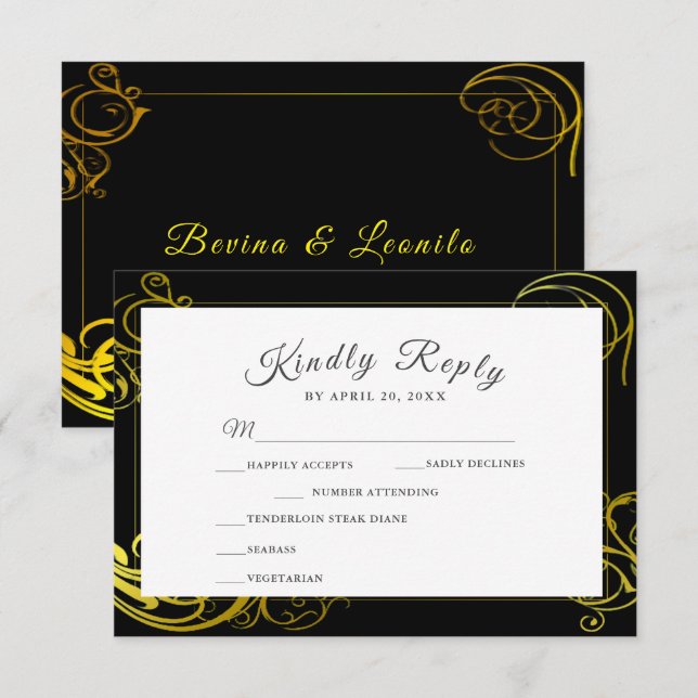 Elegant Black Gold Curls Wedding Dinner Choice    RSVP Card (Front/Back)