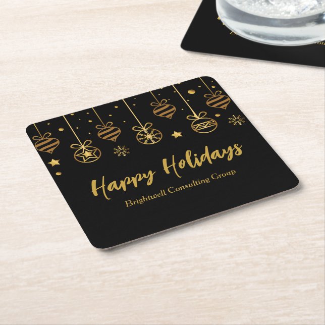 Elegant Black Gold Custom Business Holiday Party Square Paper Coaster (Angled)
