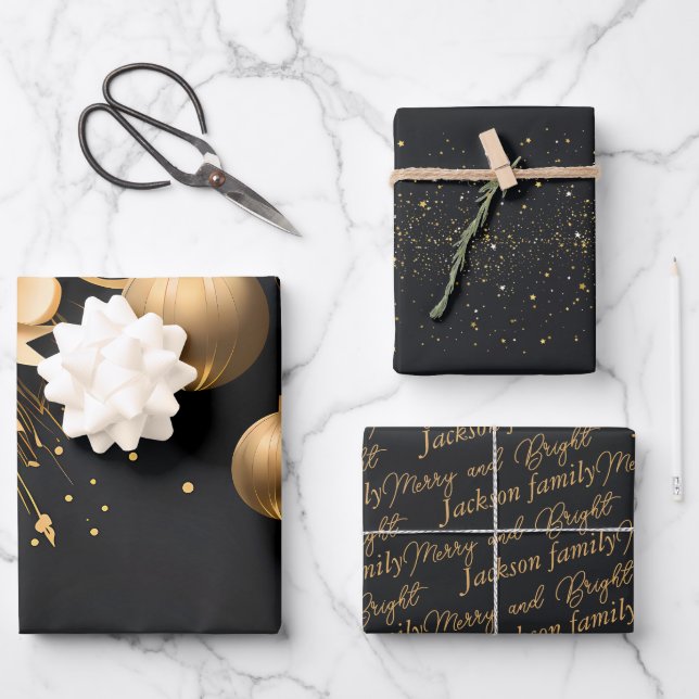 Elegant Black & Gold Custom Christmas Wrapping Paper Sheet (Front)
