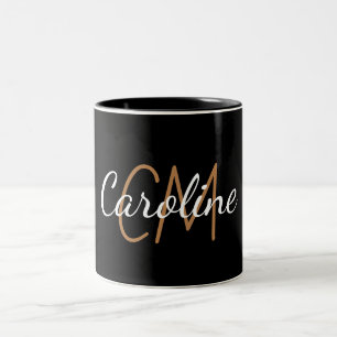 Elegant Black gold custom monogram name Two-Tone Coffee Mug