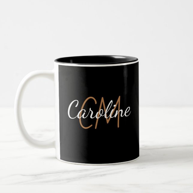 Elegant Black gold custom monogram name Two-Tone Coffee Mug (Left)