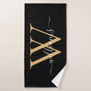 Elegant Black Gold Custom Monogram Script Name Bath Towel