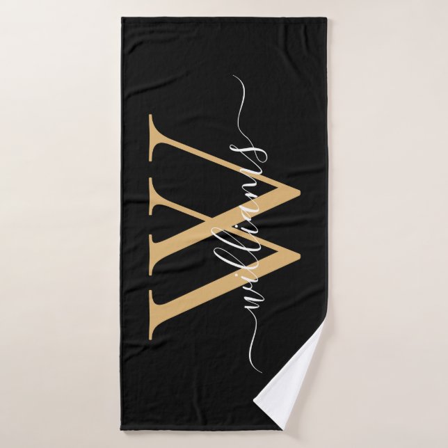 Elegant Black Gold Custom Monogram Script Name Bath Towel (Bath Towel)