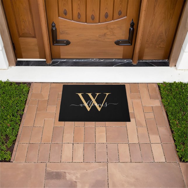 Elegant Black Gold Custom Monogram Script Name Doormat (Outdoor)