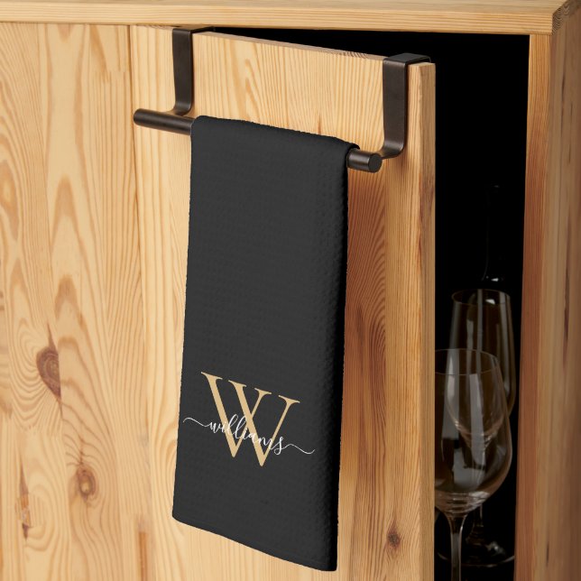 Elegant Black Gold Custom Monogram Script Name Kitchen Towel (Thirds Fold)