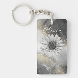 Elegant Black & Gold Daisy Custom Keychain