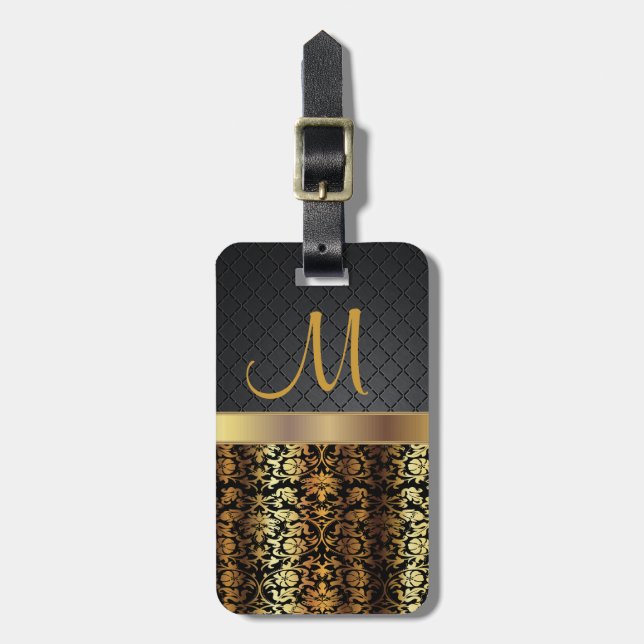 Elegant Black & Gold Damask Pattern Design Luggage Tag (Front Vertical)