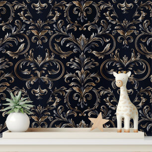 Elegant Black Gold Damask Peel and Stick Wallpaper