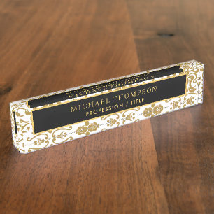 Elegant Black Gold Damask Personalized Name Nameplate