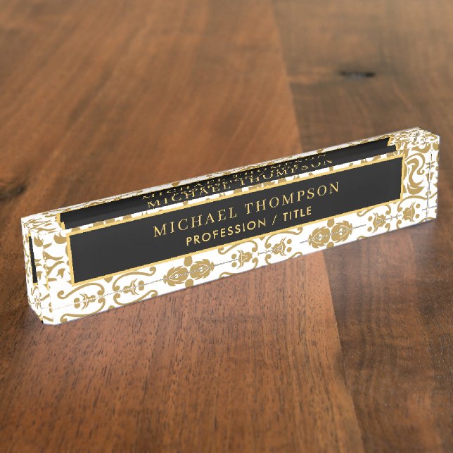 Elegant Black Gold Damask Personalized Name Nameplate (Side)