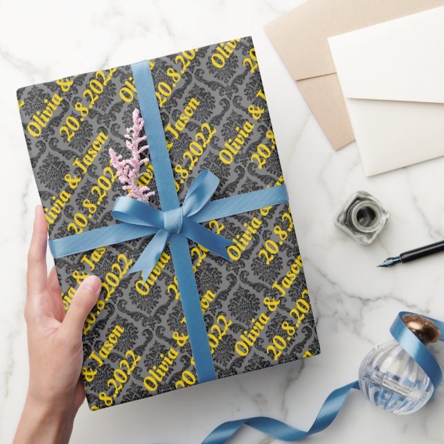 Elegant Black Gold Damask Personalized Wedding  Wr Wrapping Paper (Gifting)