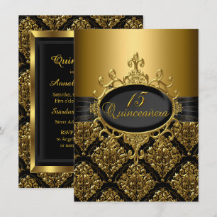 Elegant Black Gold Damask Quinceanera Invite