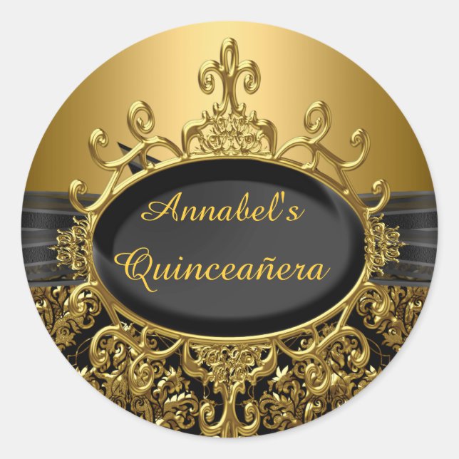 Elegant Black & Gold Damask Quinceanera Sticker (Front)