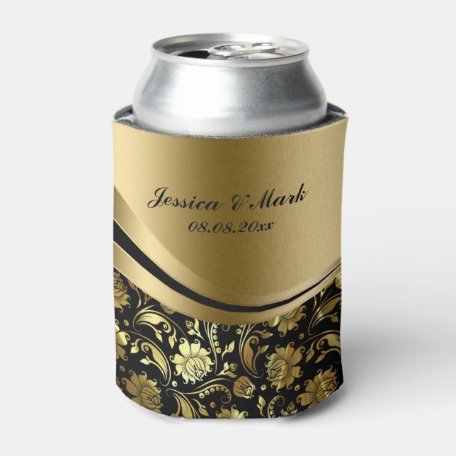 Elegant Black & Gold Damasks Decorative Stripes Can Cooler (Can Front)