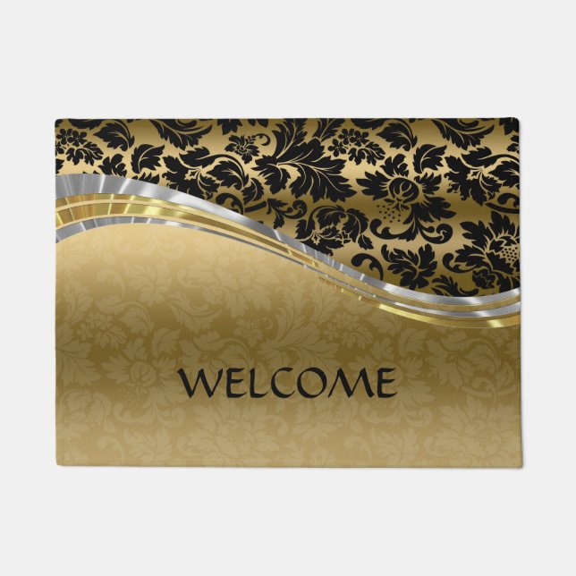 Elegant Black & Gold Damasks With Silver Accents 2 Doormat (Front)