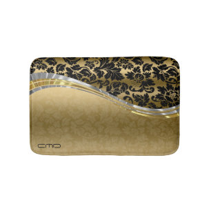 Elegant Black & Gold Damasks With Silver Accents Bath Mat