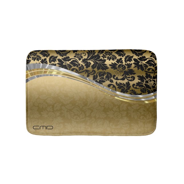 Elegant Black & Gold Damasks With Silver Accents Bath Mat (Front)