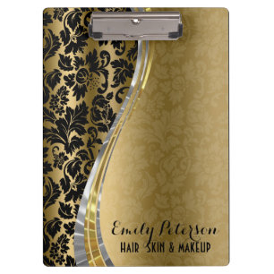 Elegant Black & Gold Damasks With Silver Accents Clipboard