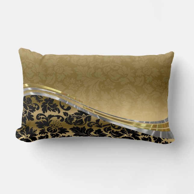 Elegant Black & Gold Damasks With Silver Accents Lumbar Pillow (Front)