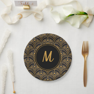 Elegant Black Gold Deco Art Pattern Monogram  Paper Plate