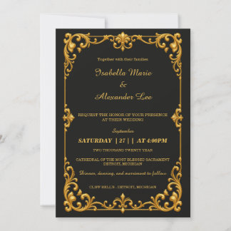 Elegant Black Gold Deco Scrollwork Wedding Invitation