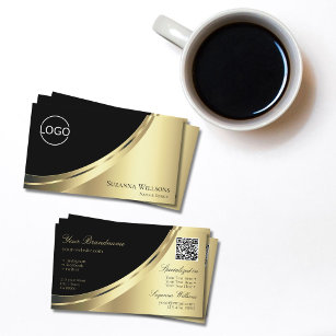 Elegant Black Gold Decor with Logo and QR-Code Business Card