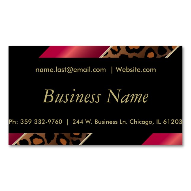 Elegant Black, Gold & Deep Red Leopard Stripes Magnetic Business Card (Front)